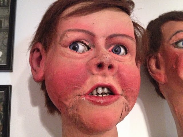 This 1800s dummy was made with glass eyes, human hair, and real teeth. 
You could obtain such supplies from the local barber. Credit: Paige, Cincy Whimsy