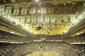 Here is the inside of the Boston Garden. The Celtics are currently playing at home in front of a packed crowd. The many championship banners hang in the rafters.