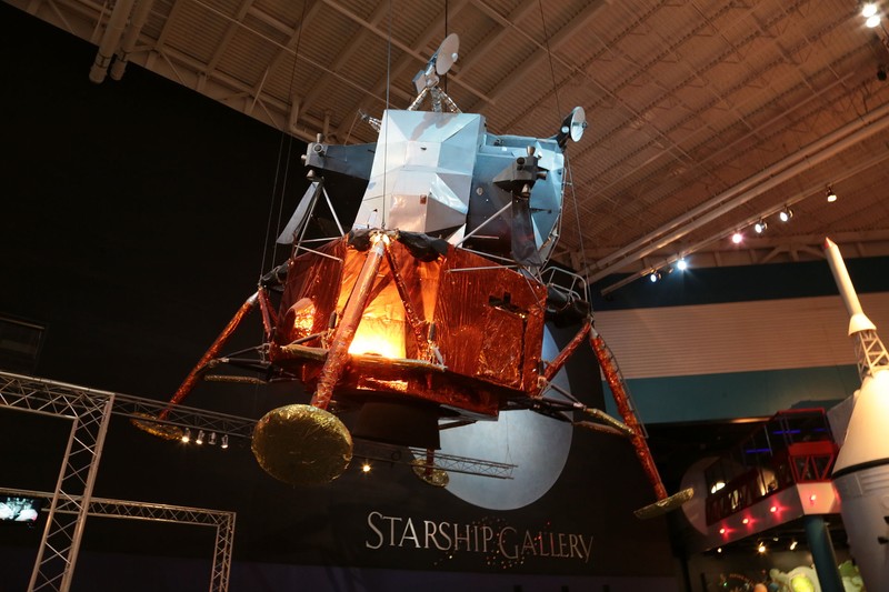 The Lunar Modules LTA-8 hangs from the ceiling. It helped astronauts train for the future moon missions.