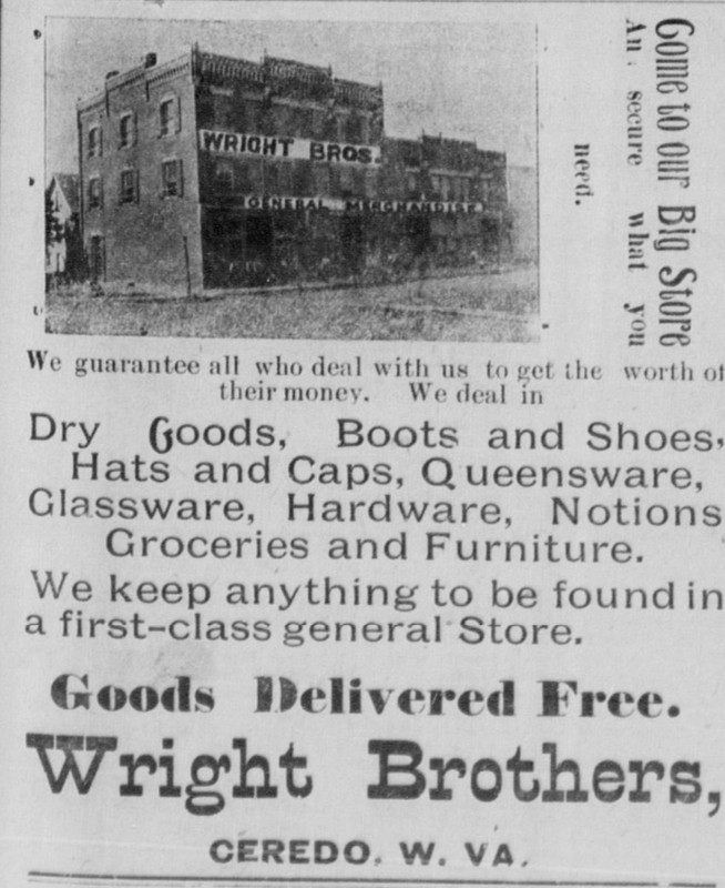 Early advertisement for the Wright Brothers Store in the Ceredo Advance newspaper, June 1898.