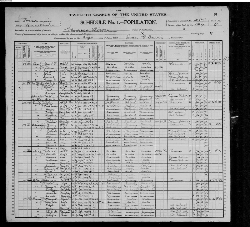 1900 Census showing Joseph Evans (aged 9) listed with his family, under his father Henry O. Evans