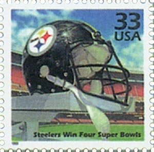 As part of the “Celebrate the Century” stamp series, the USPS issued a commemorative stamp celebrating the Pittsburgh Steelers’ four Super Bowl championships during the 1970s. The series of stamps were released in 1999. 