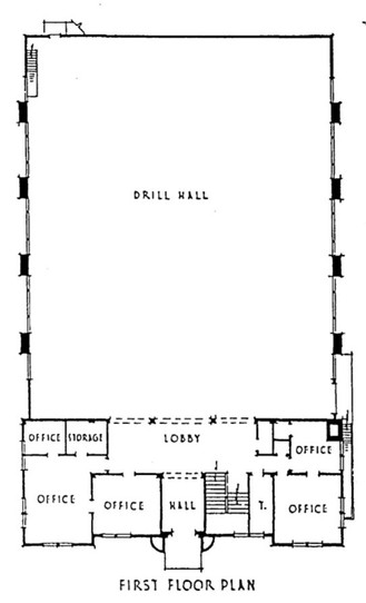 Floor plan of National Guard Armory, from NRHP Nomination Form (Wiegers and Mitchell 1993)