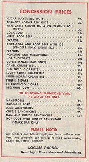 1954 Shibe Park Concession Price List