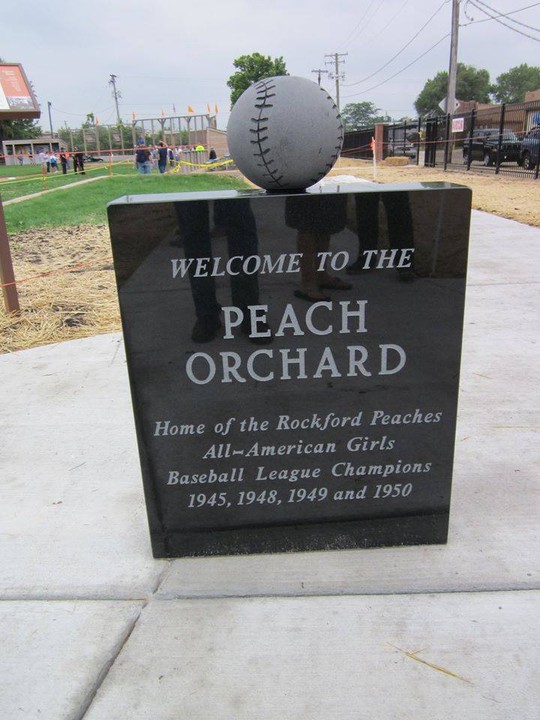 The statue commemorating the "Peach Orchard" at the Beyer Stadium rededication