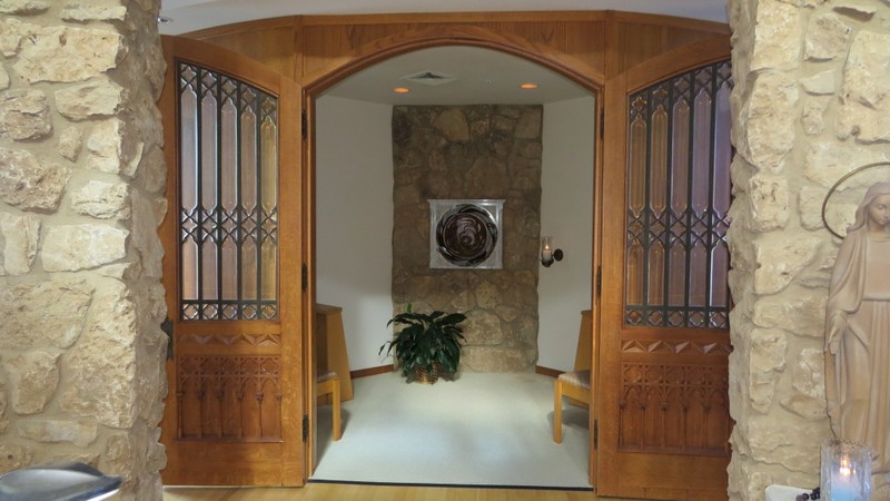 Leaded glass doors leading to the Blessed Sacrament Chapel.  The doors were originally part of the motherhouse at 390 E. Division Street.