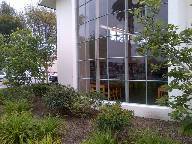 The large window for the reading room of the Main Street Branch Library. Source: M. Urashima, April 2014.