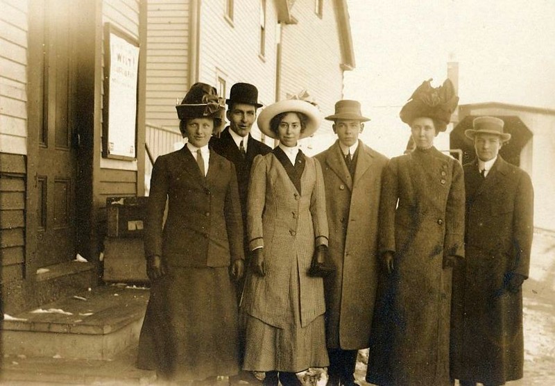 Lovely image of six young people at the Contoocook Depot with the covered railroad bridge visible on the right.  Perhaps they were preparing to embark for a trip to the city?  Hand-written on the reverse “Alice Fifield Richard Clough James Purrington Allice True (I think) Almond Corliss (I think)”  No indication is given as to the order of names or individuals.  However, Allice Fifield, Richard Clough, and James Purrington were all 1912 graduates of Hopkinton High School, and the males served in WWI.  Although the photo is not dated, it was likely taken sometime between graduation in 1912 and the U.S.’s entry into WWI in 1918.  