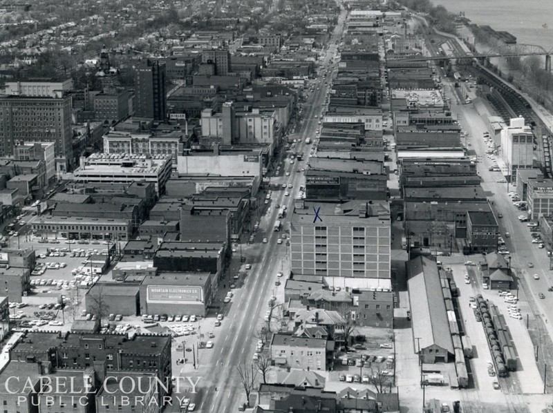 Aerial view of downtown Huntington, with the mill visible at the right