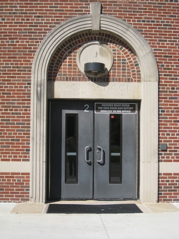 Avon School, main entrance in east elevation, 2020