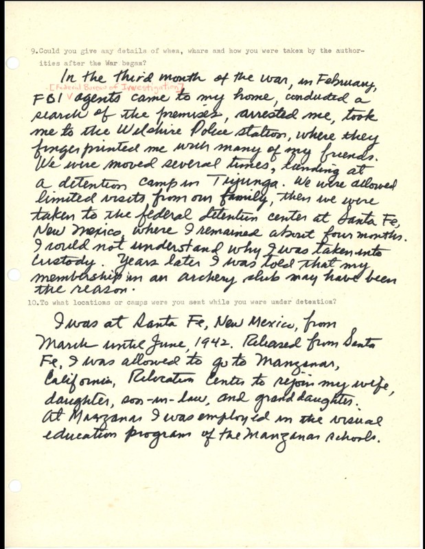 Excerpt from a questionnaire about the experiences of Kango Takamura, a Japanese-American citizen who was detained at Tuna Canyon before being imprisoned at Santa Fe, New Mexico. Full item in the links below.