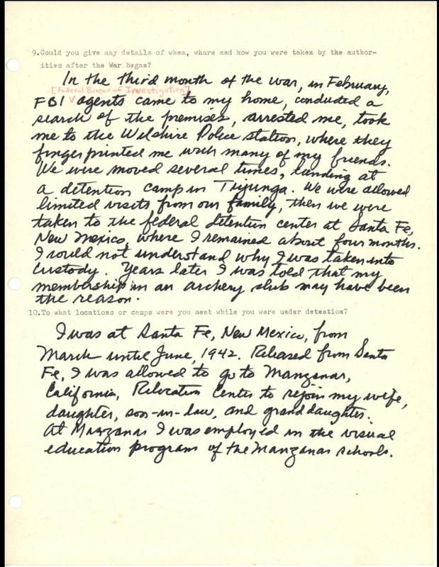 Excerpt from a questionnaire about the experiences of Kango Takamura, a Japanese-American citizen who was detained at Tuna Canyon before being imprisoned at Santa Fe, New Mexico. Full item in the links below.