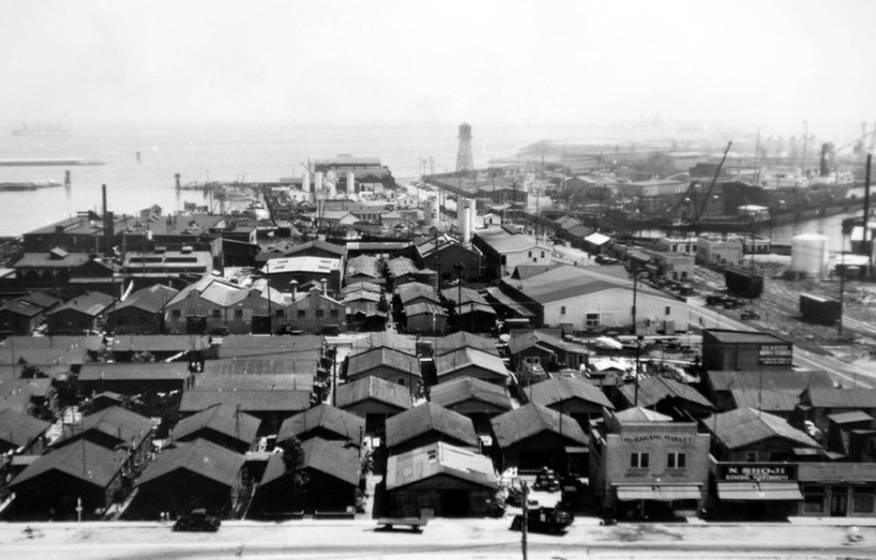 Aerial of "Furusato", the fishing village at Terminal Island. Courtesy of San Pedro Bay Historical Society.