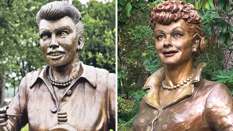 A side-by-side comparison of the two statues of Lucille Ball, nicknamed "Scary Lucy" and "Lovable Lucille" respectively.