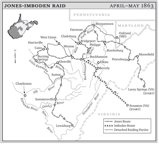 Map of the Jones-Imboden Raid's route through what is now West Virginia.