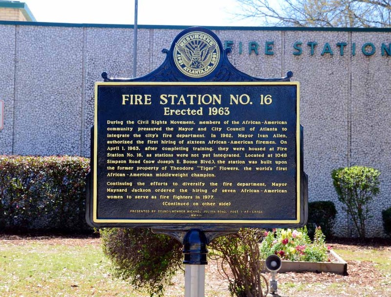 Front of the marker that honors the first male and female African American firefighters in Atlanta, Georgia. These men and women were persistent in the pursuit of desegregation and equal rights. 