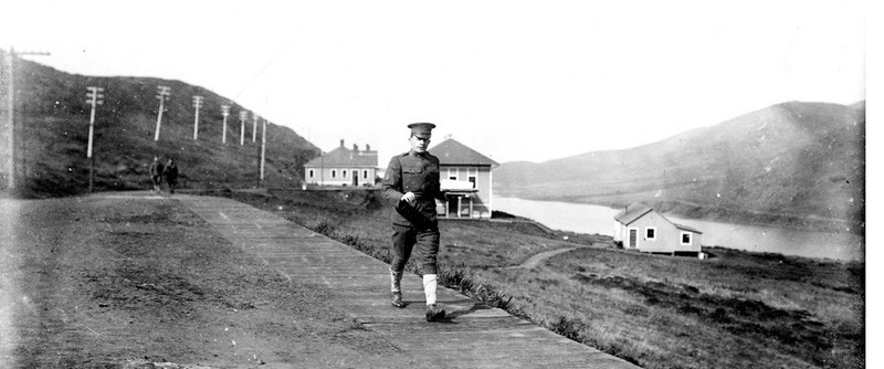 U.S. Army soldier walking through Fort Barry, circa 1910