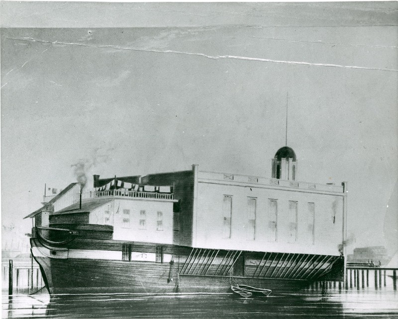 Prison brig "La Grange." Sacramento's second prison, replacing the "Strafford," which had departed only a few months before the riots. "La Grange" would serve the city in this capacity until 1862.