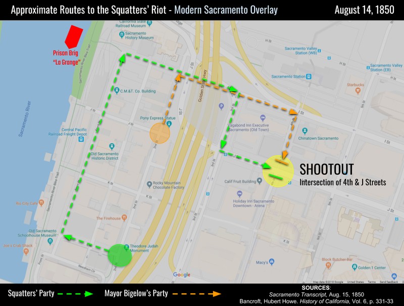 A sketch of the approximate route taken by both parties to the site of the August 14 shootout, showing their paths on modern Sacramento streets. After the shootout, city militia gathered at a headquarters near the present Sacramento History Museum.