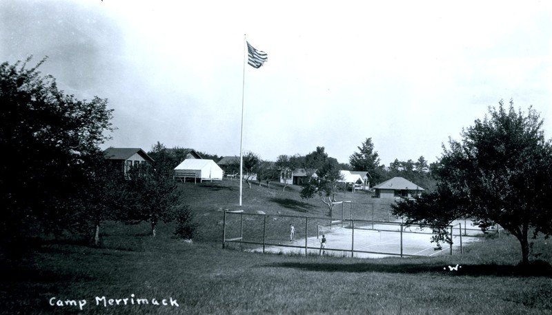 Postcard image of tennis courts at Camp Merrimack located in Hopkinton, N.H.