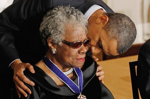 Angelou receiving the Presidential Medal of Freedom from President Barack Obama. Obama's sister is actually named Maya after the prolific writer