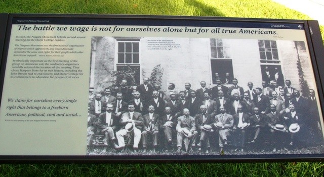 A second historical marker includes a photo of attendees. "We claim for ourselves every single right that belongs to a freeborn American, political, civil and social…"-W.E.B. Du Bois