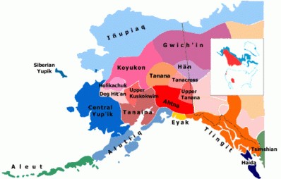 Inupiaq language, with dialectical differences, is spoken from Norton Sound in Alaska to Greenland. They are represented on this map in light blue. Credit: Alaska Native Language Center - University of Alaska, Fairbanks