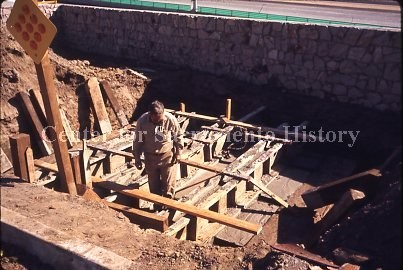 The foundation is prepared for the monument to be placed in Old Sacramento State Historic Park. 