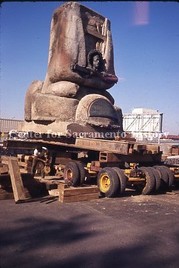 The monument on a flatbed trailer, awaiting placement at its current home.