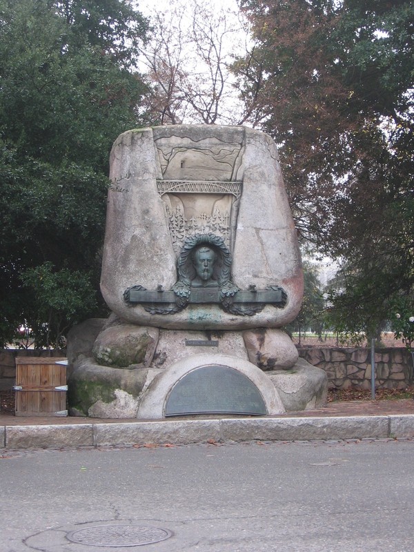 A view of the monument at its current location. Originally sponsored by Southern Pacific employees, it was located near the Southern Pacific railyard in Sacramento before being moved for Highway 5. 