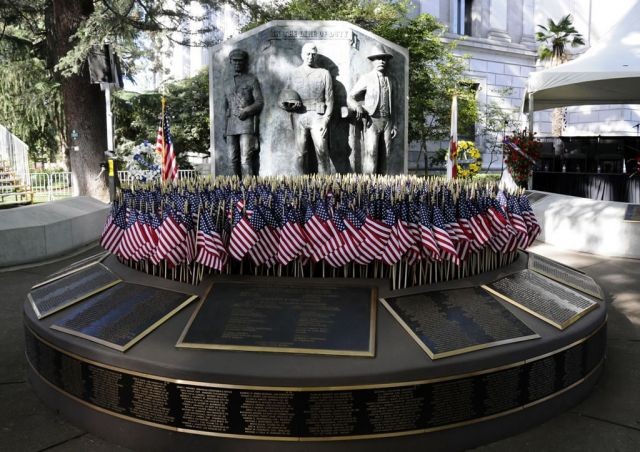 The memorial as it often appears when decorated for California Peace Officers' Memorial Day.