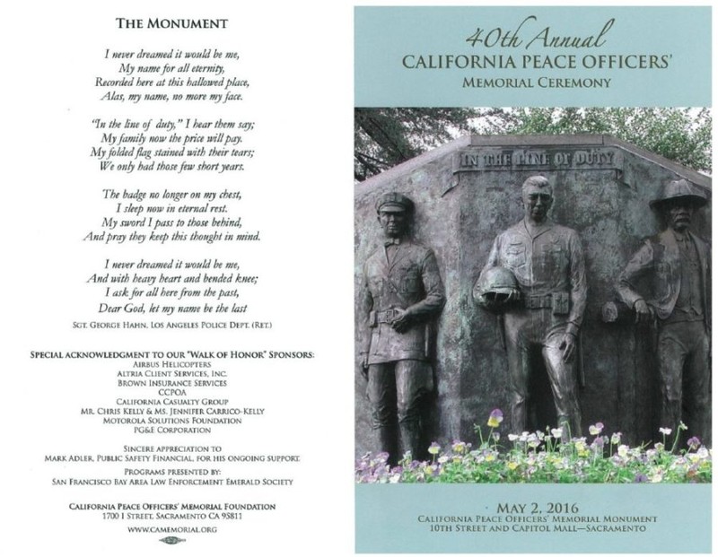 Excerpt from the program of the 40th Annual California Peace Officers' Memorial Ceremony in 2016. Gov. Jerry Brown signed this day into state law in 1976.