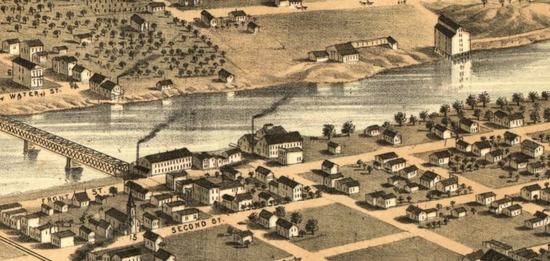 Des Moines waterfront in 1868; future Municipal Bldg. site on Locust St., first street north of bridge (Ruger)