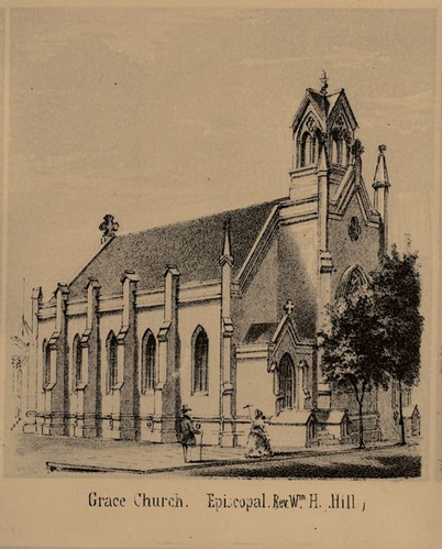The Grace Episcopal Church in 1857, only a year after its construction. Seating up to 300 parishioners, it was torn down in 1871 due to structural problems. Its replacement bankrupted the congregation and gave birth to St. Paul's.