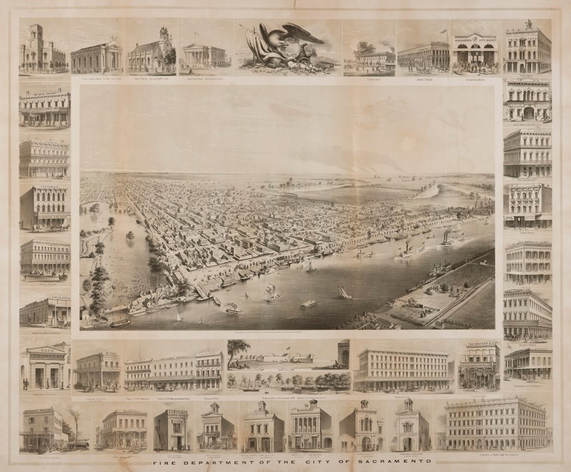 An 1857 bird's-eye view of Sacramento. Grace Church is depicted in the top row, third from left. It had played an important role in the civic development of the city, as the city's first formally organized congregation.