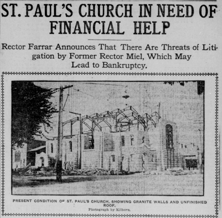 A June 1906 article in the Sacramento Union detailed St. Paul's monetary woes, which if left unanswered would have resulted in a half-finished structure. The photograph depicts the church still roofless.