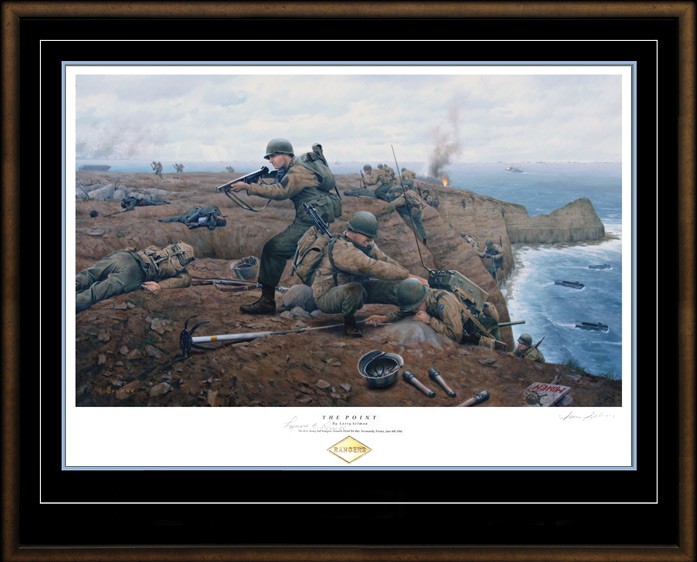A painting depicting Leonard Lomell and his men shooting and climbing up on top of the cliff at Pointe du Hoc.
