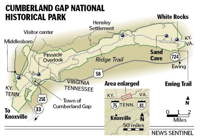 A map of Cumberland Gap National Park and all the highlights within.