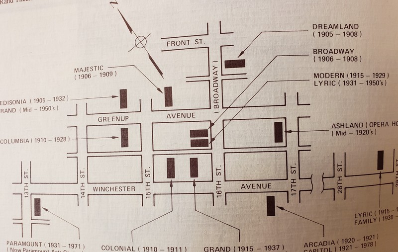 This map by Arnold Hanners shows the location of Ashland's early theaters.