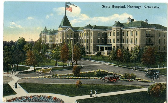 Illustrated photo of the Nebraska State Hospital circa 1913 on a postcard. Courtesy of: Adams County Historical Society