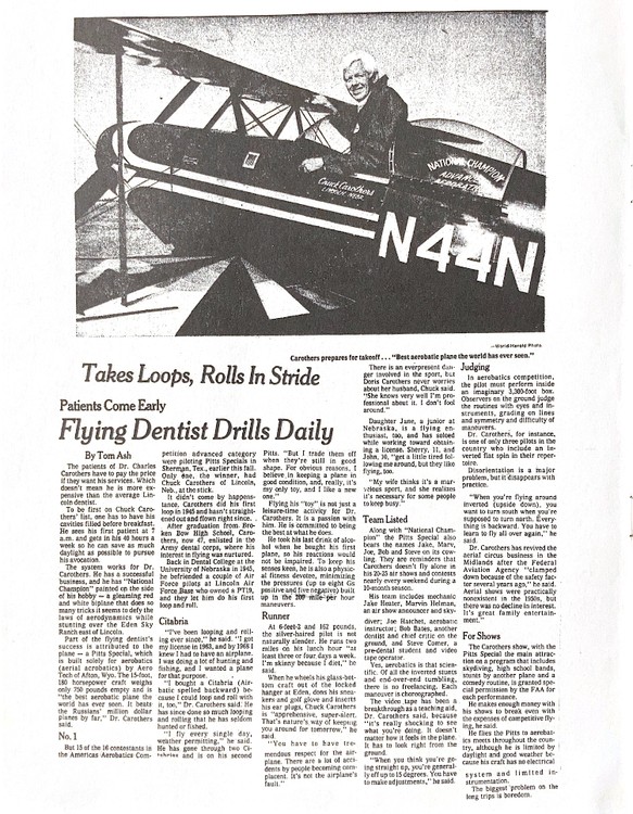 First page of a newspaper article about Dr. Charles Carothers entitled, "Flying Dentist Drills Daily," written by Tom Ash