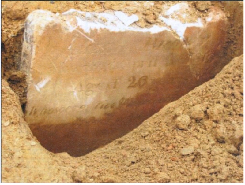 Closeup photograph of Amelia Brown's headstone, uncovered in the 2013 investigative dig