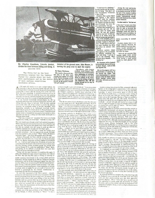 Second page of a newspaper article about Dr. Charles Carothers entitled, "Flying Dentist Drills Daily," written by Tom Ash