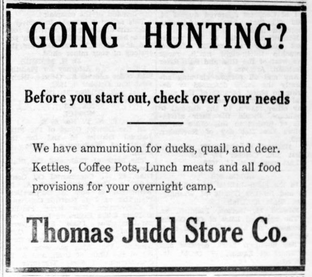 1929 newspaper ad for hunting supplies at Thomas Judd Store Co.