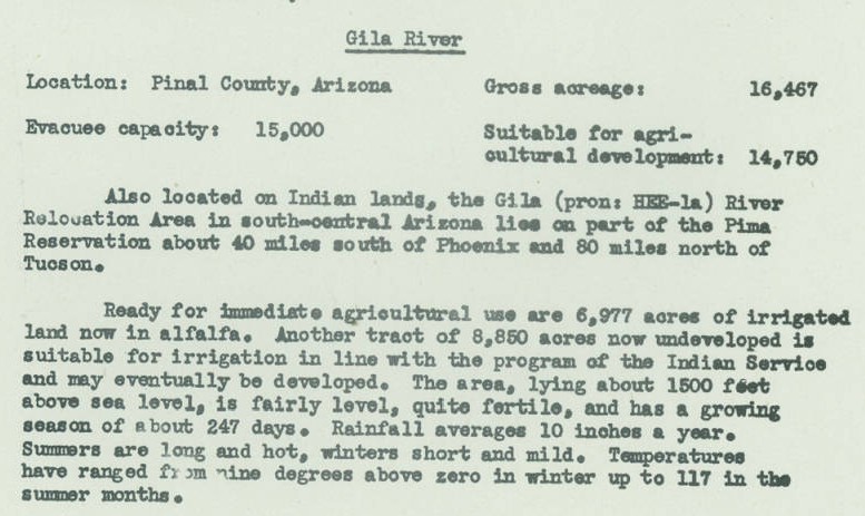 Description of Gila River Relocation Center. Source: War Relocation Authority, 1942.