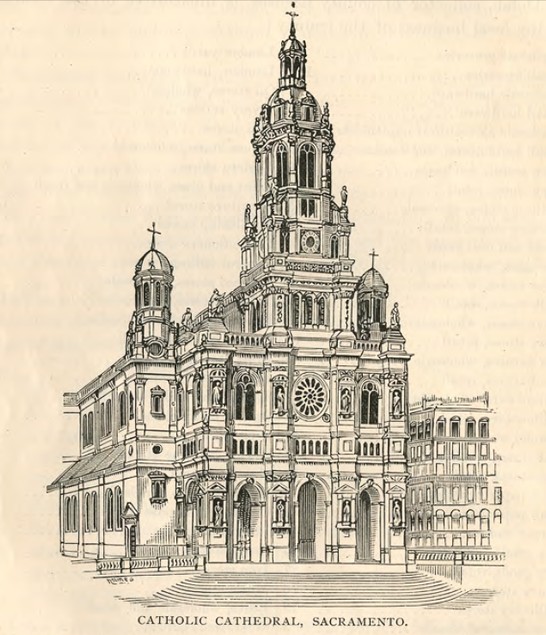 An 1888 rendition of the Cathedral, which was not finished until the following year (CA State Library).