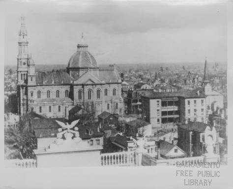 The Cathedral as seen from the Capitol dome on January 1, 1900. The Cathedral's close proximity to the Capitol is evident--part of Manogue's vision to manifest Church and State side by side (Sacramento Public Libary).