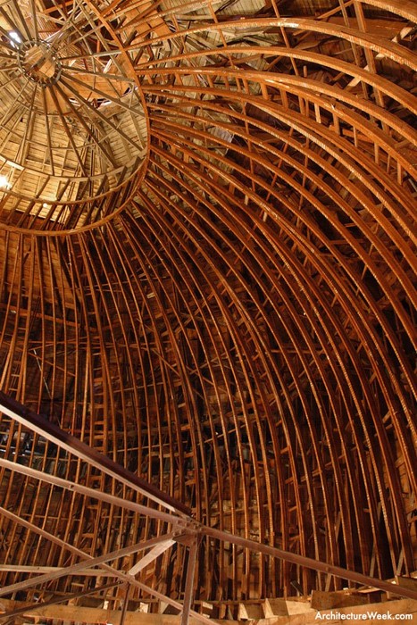 The wooden support structure of the iconic dome's interior. The steel truss at bottom supported the ceiling which was put in to the mask the dome in the 1930s (Architecture Week).