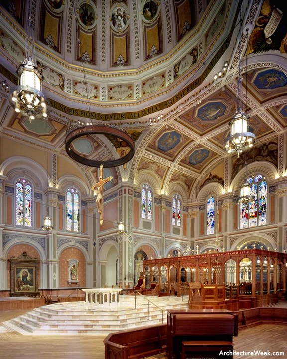 The Cathedral's dome (top left) had been covered in the 1930s by a shallow inset ceiling, possibly to address acoustic problems.This false ceiling was removed during the recent renovation, and other measures addressed the acoustics.