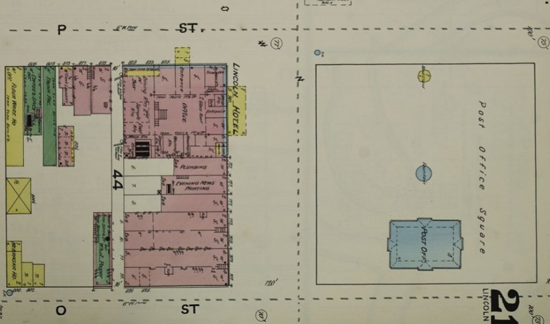 Old City Hall (P.O. in blue), fountain (blue), & bandstand (yellow) on 1891 Sanborn Fire Insurance Map of Lincoln (Sanborn Map. Co. p. 21)